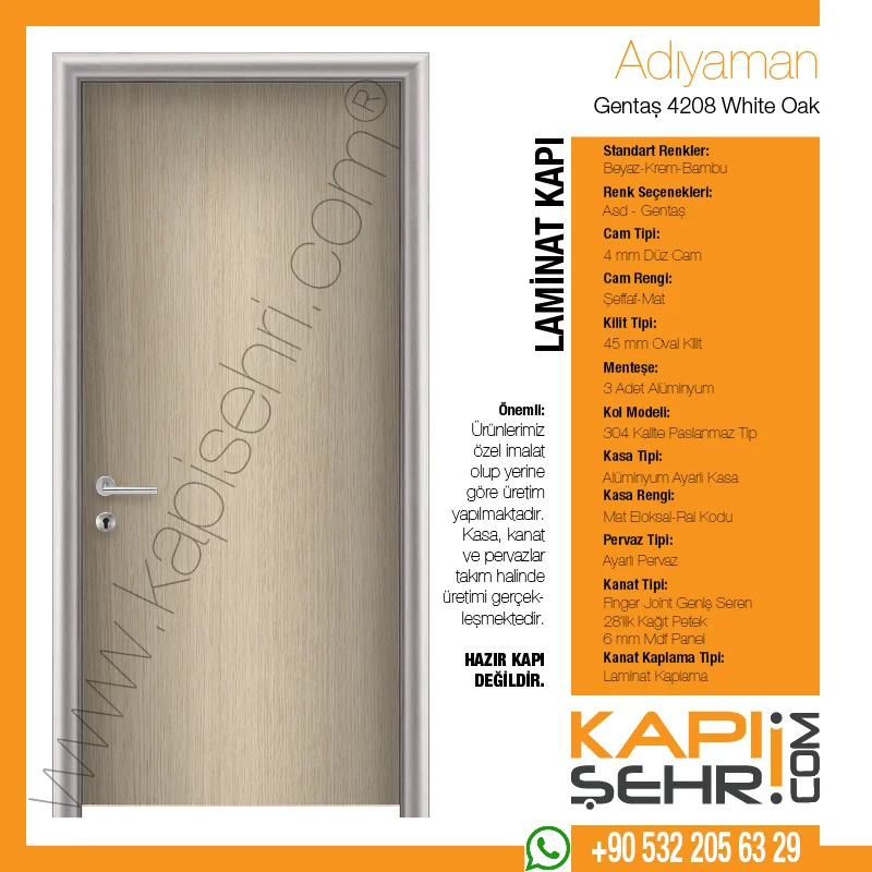 Gentaş 4208 White Oak Adıyaman modeli ayarlı alüminyum kasalı laminat kapı detay görseli
